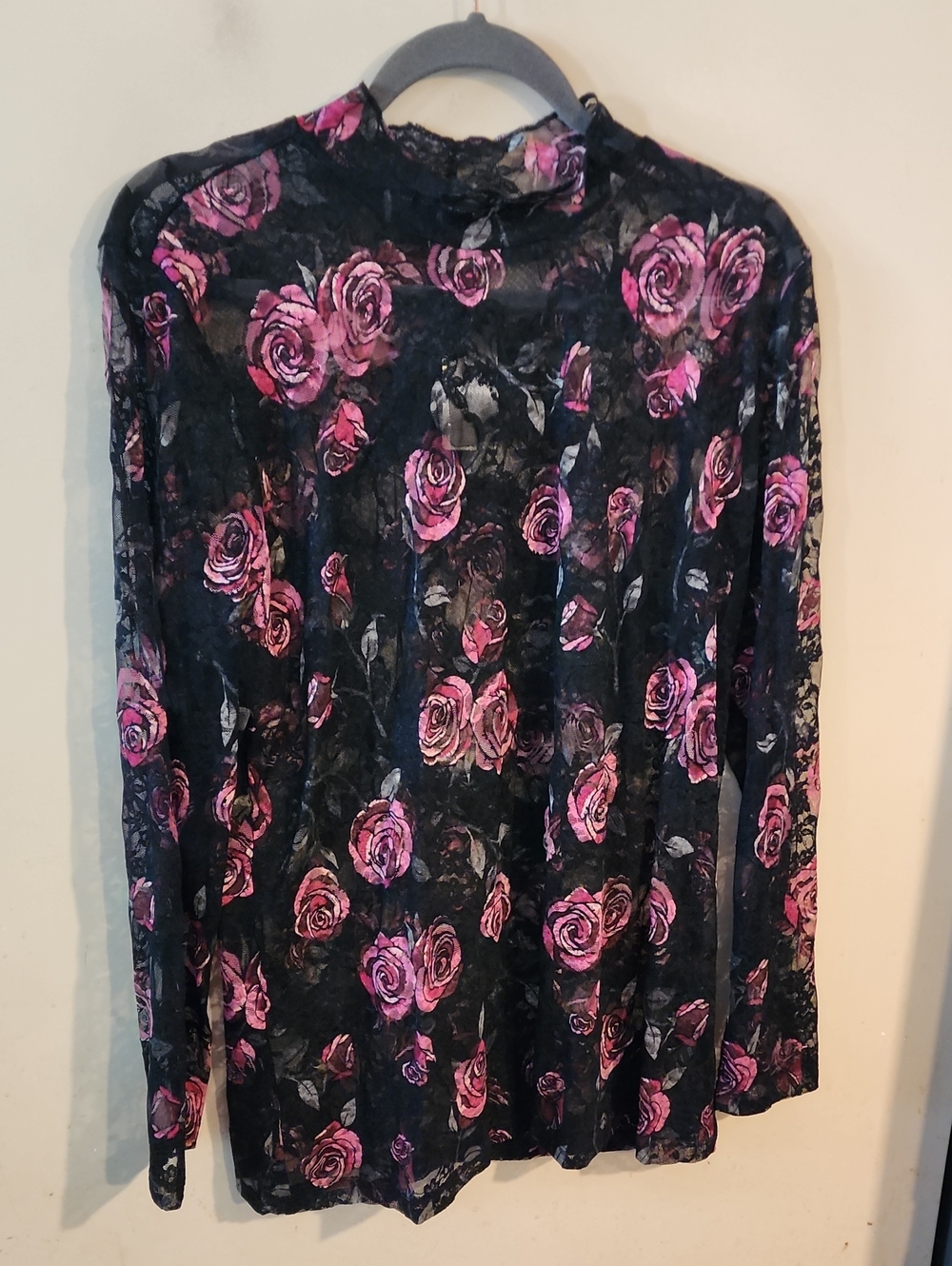 torrid Black Sheer Long-Sleeve Top with Pink Rose Print